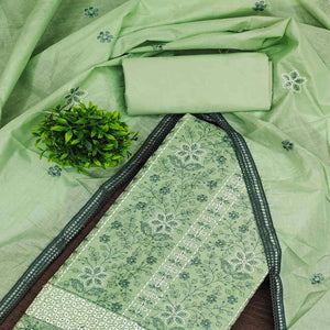 Pista Green Floral Embroidered Pure Cotton Dress Material