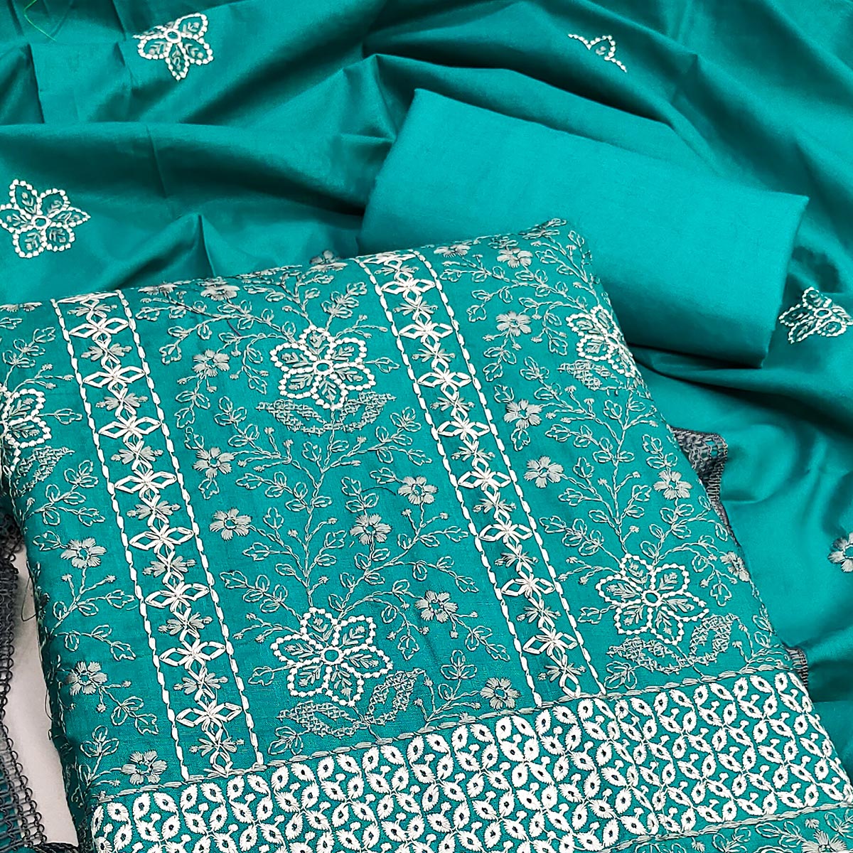 Rama Blue Floral Embroidered Pure Cotton Dress Material