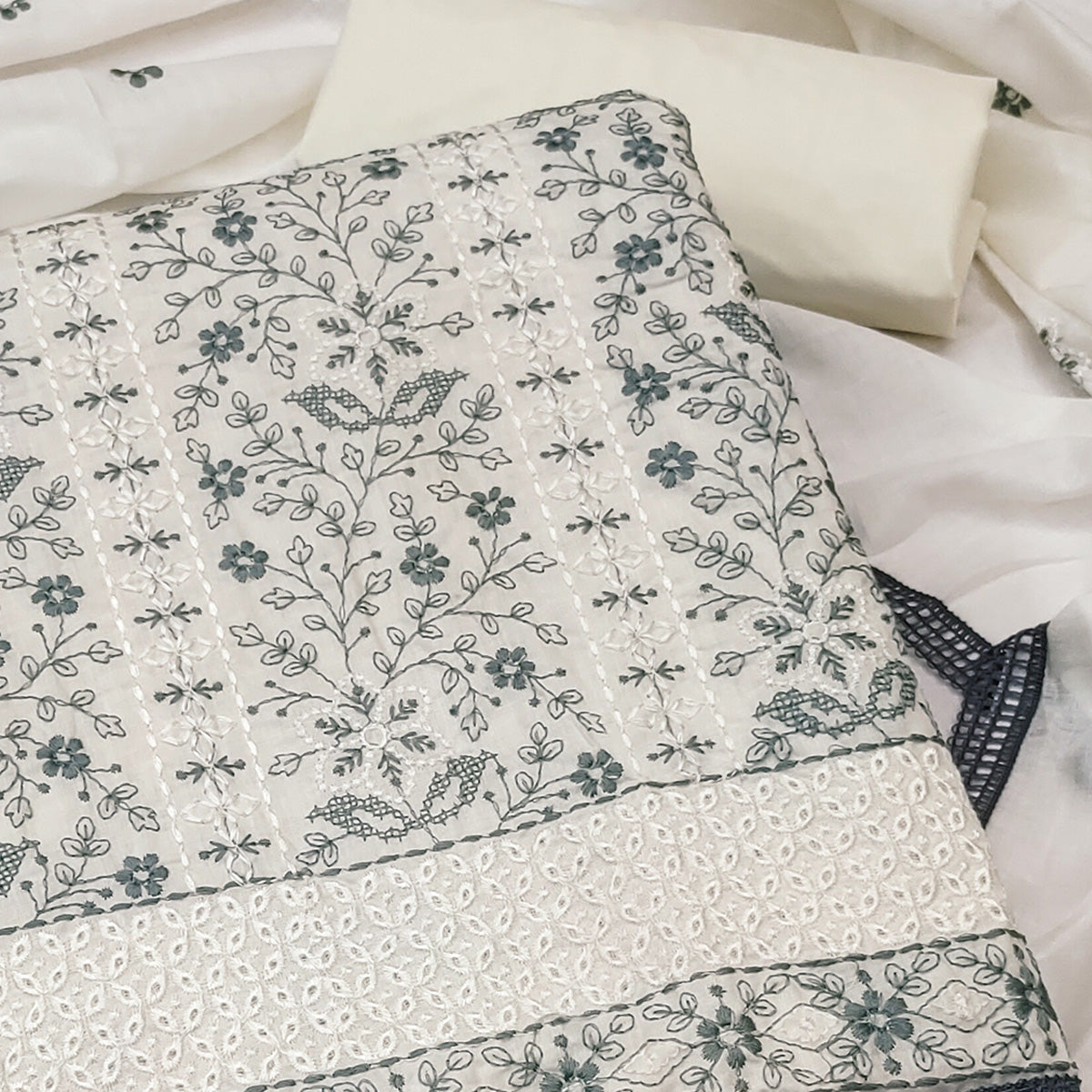 White Cotton Suit Fabric with Embroidered Floral Patterns