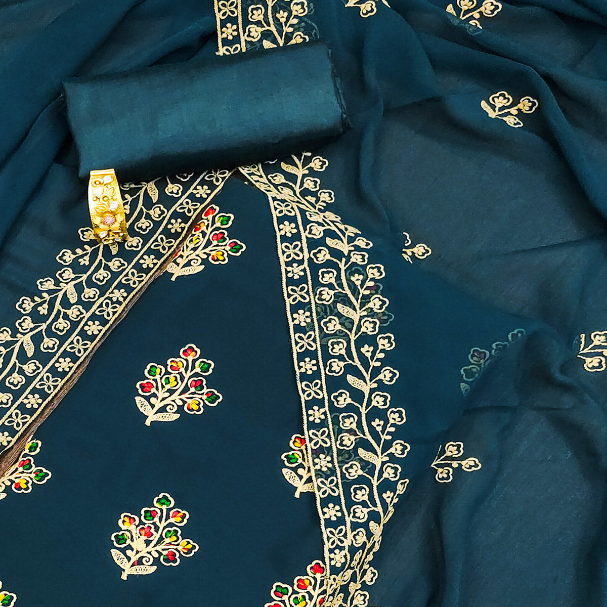 Teal Blue Floral Embroidered Georgette Dress Material