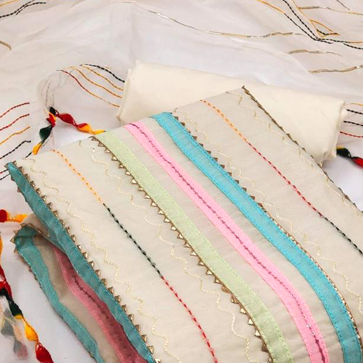 Cream Sequins Embroidered Chanderi Dress Material