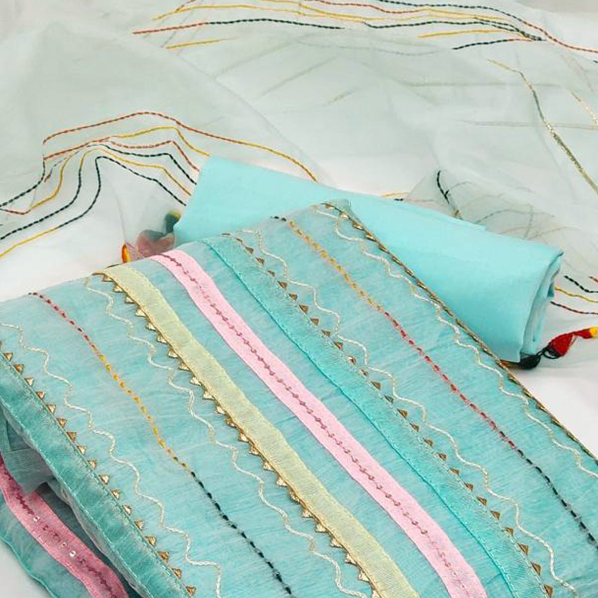 Turquoise Sequins Embroidered Chanderi Dress Material