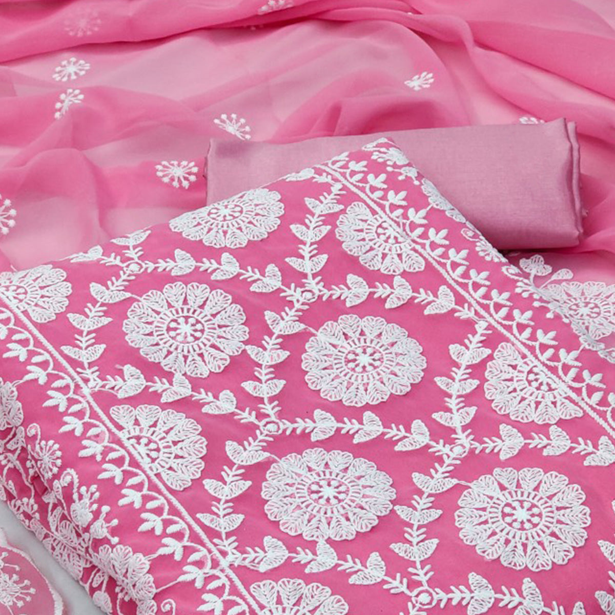 Baby Pink Floral Embroidered Georgette Dress Material