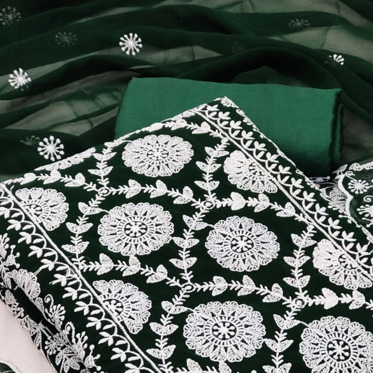 Green Floral Embroidered Georgette Dress Material