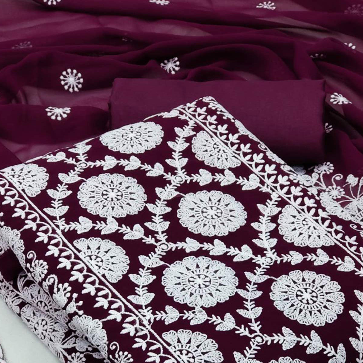 Wine Floral Embroidered Georgette Dress Material