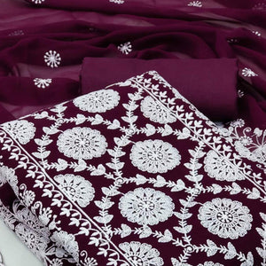 Wine Floral Embroidered Georgette Dress Material