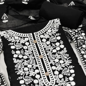 Black Floral Embroidered Chanderi Cotton Dress Material