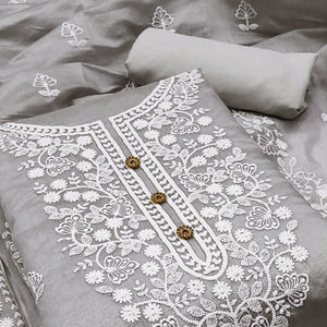 Grey Floral Embroidered Chanderi Cotton Dress Material