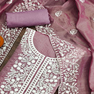 Mauve Floral Embroidered Chanderi Cotton Dress Material