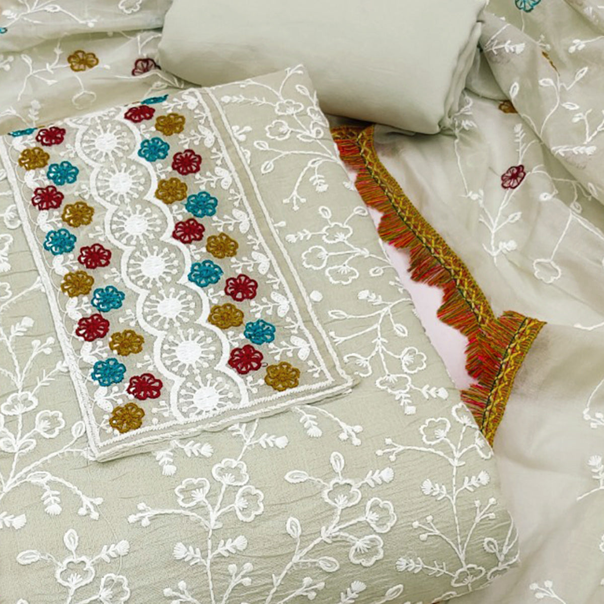Cream Chanderi Cotton Dress Material With Floral Thread Embroidery