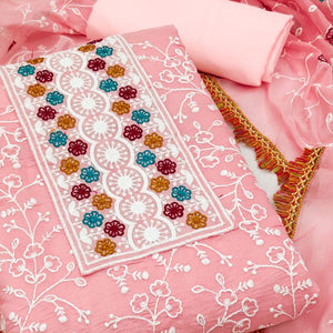 Pink Chanderi Cotton Dress Material With Floral Thread Embroidery