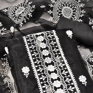 Black Organza Dress Material With Intricate Floral Thread Embroidery