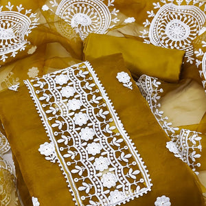Dark Mustard Organza Dress Material With Intricate Floral Thread Embroidery
