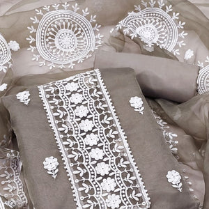 Grey Organza Dress Material With Intricate Floral Thread Embroidery
