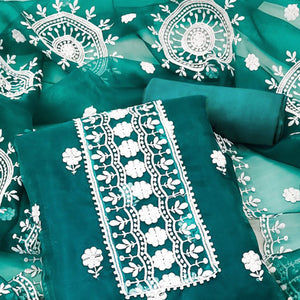 Teal Organza Dress Material With Intricate Floral Thread Embroidery
