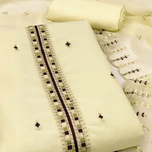 Light Yellow Sequins & Thread Embroidered Georgette Dress Material