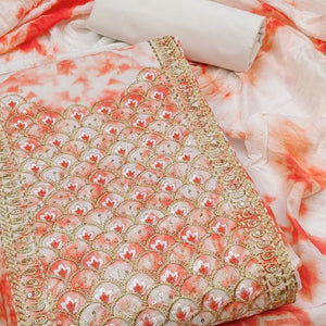 Peach Printed With Embroidery Cotton Blend Dress Material