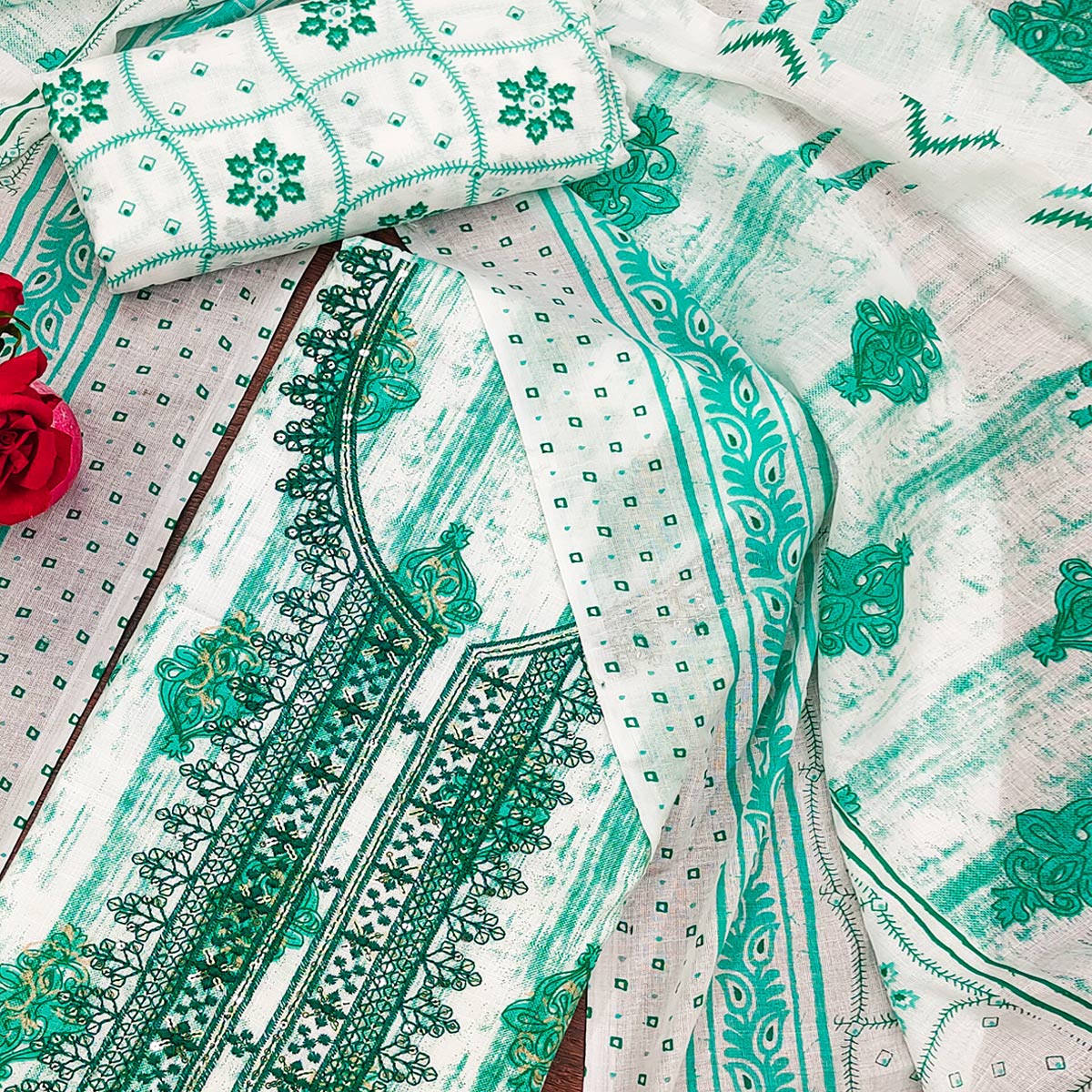 Green Printed With Embroidered Cotton Blend Dress Material