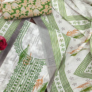 Green Floral Printed With Embroidered Cotton Blend Dress Material