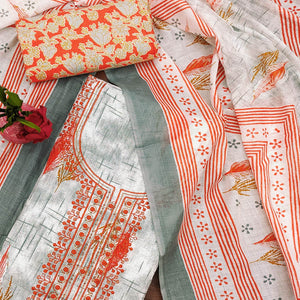 Orange Floral Printed With Embroidered Cotton Blend Dress Material