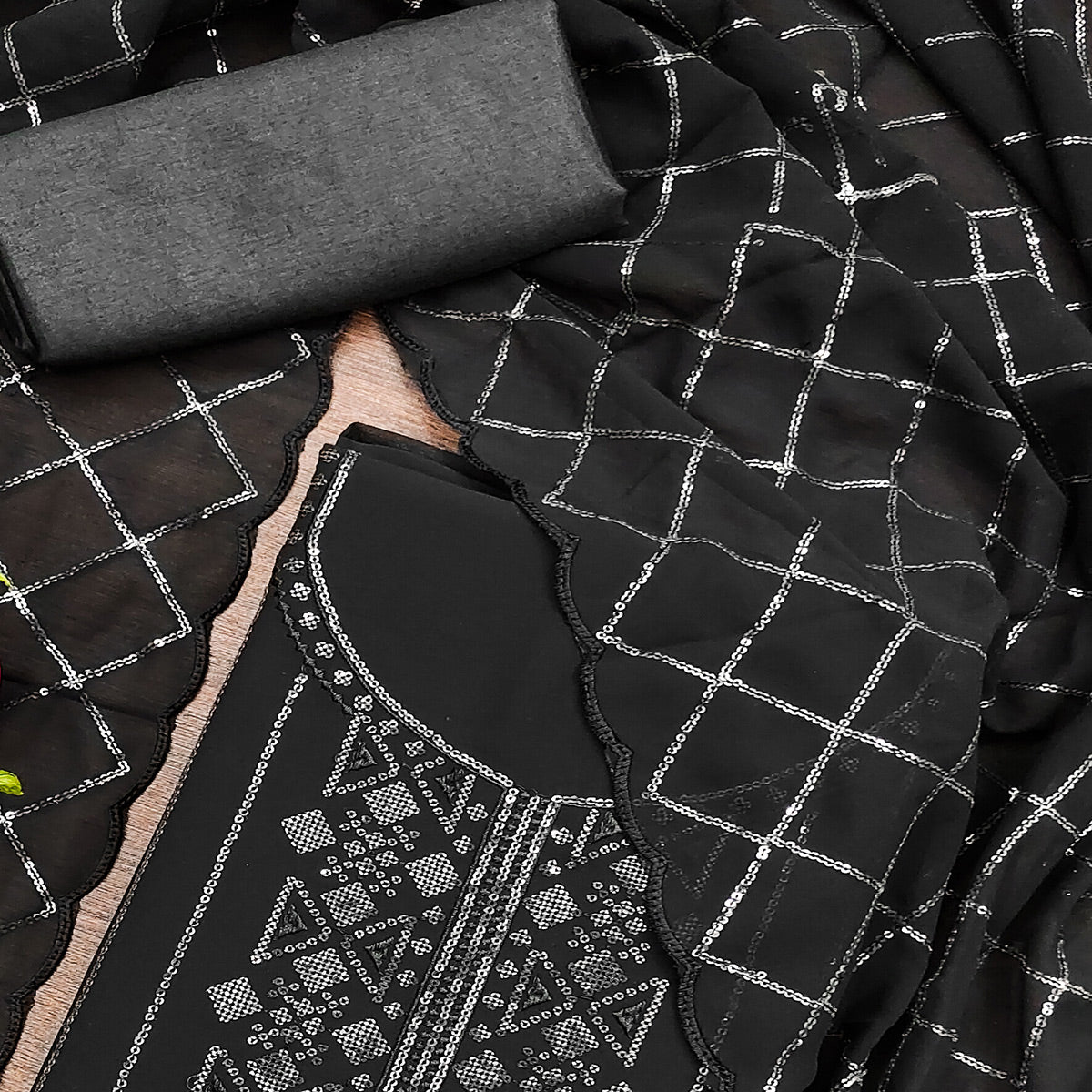 Black Sequins Embroidered Georgette Dress Material