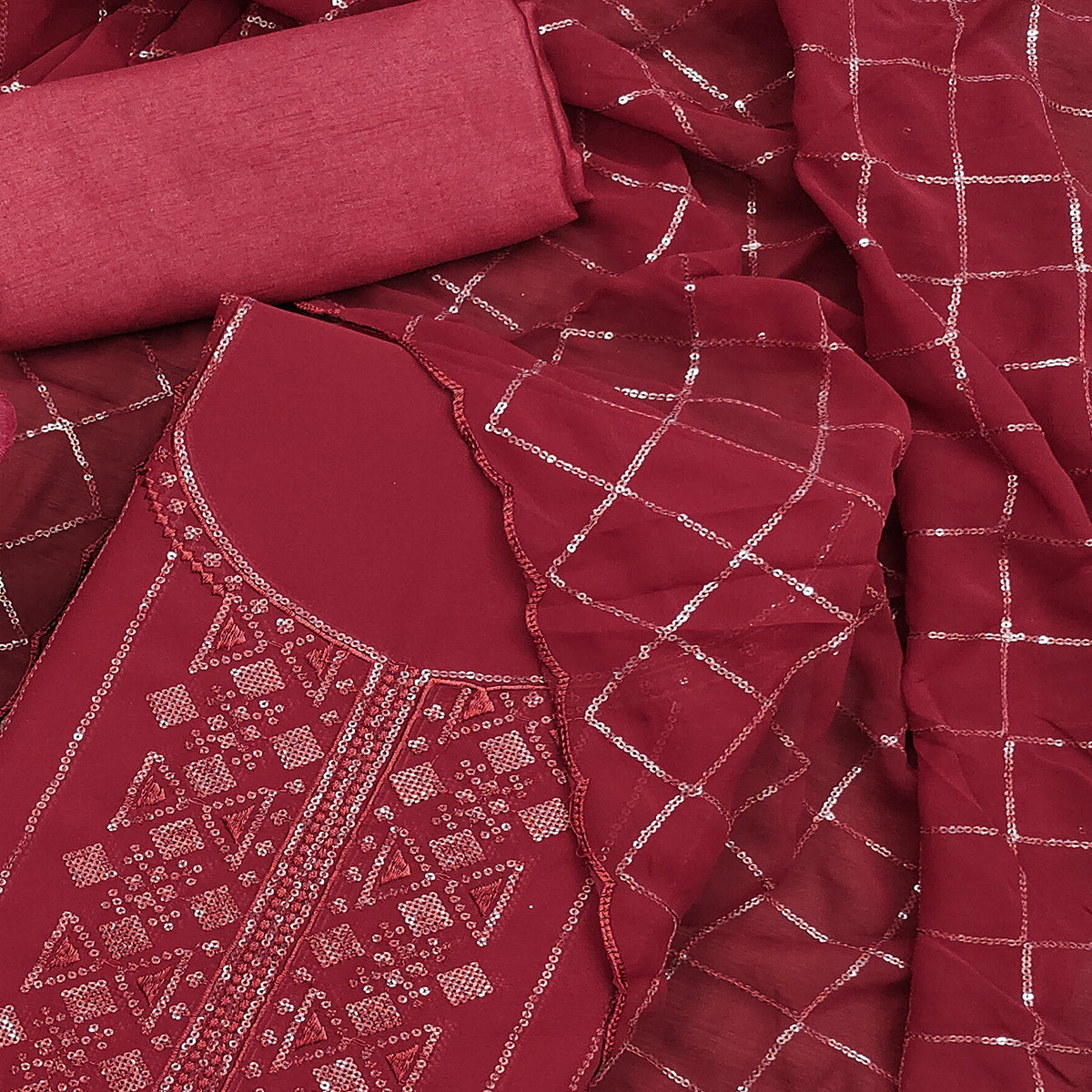 Maroon Sequins Embroidered Georgette Dress Material