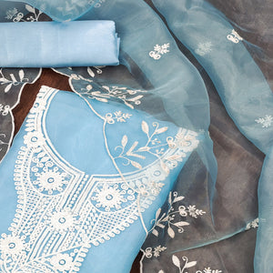 Blue Floral Embroidered Organza Dress Material