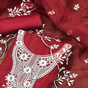 Maroon Floral Embroidered Organza Dress Material