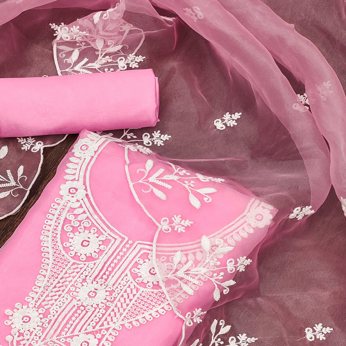 Pink Floral Embroidered Organza Dress Material