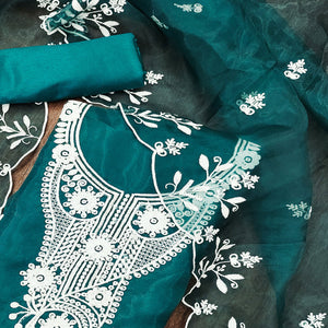 Teal Floral Embroidered Organza Dress Material