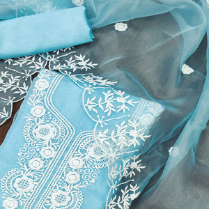 Blue Floral Embroidered Organza Dress Material