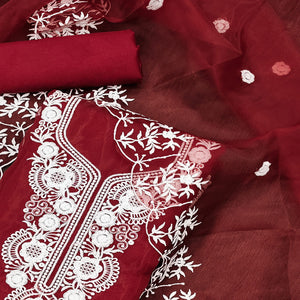 Maroon Floral Embroidered Organza Dress Material