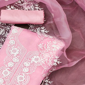 Pink Floral Embroidered Organza Dress Material