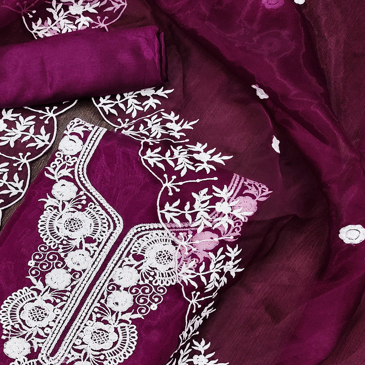 Purple Floral Embroidered Organza Dress Material