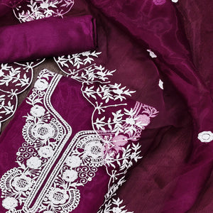 Purple Floral Embroidered Organza Dress Material