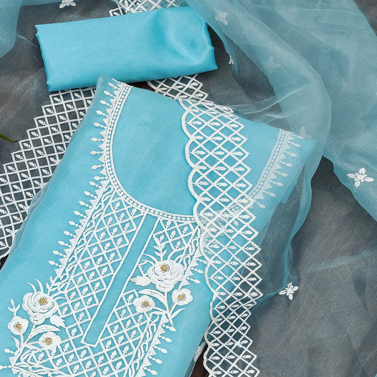 Sky Blue Floral Embroidered Organza Dress Material
