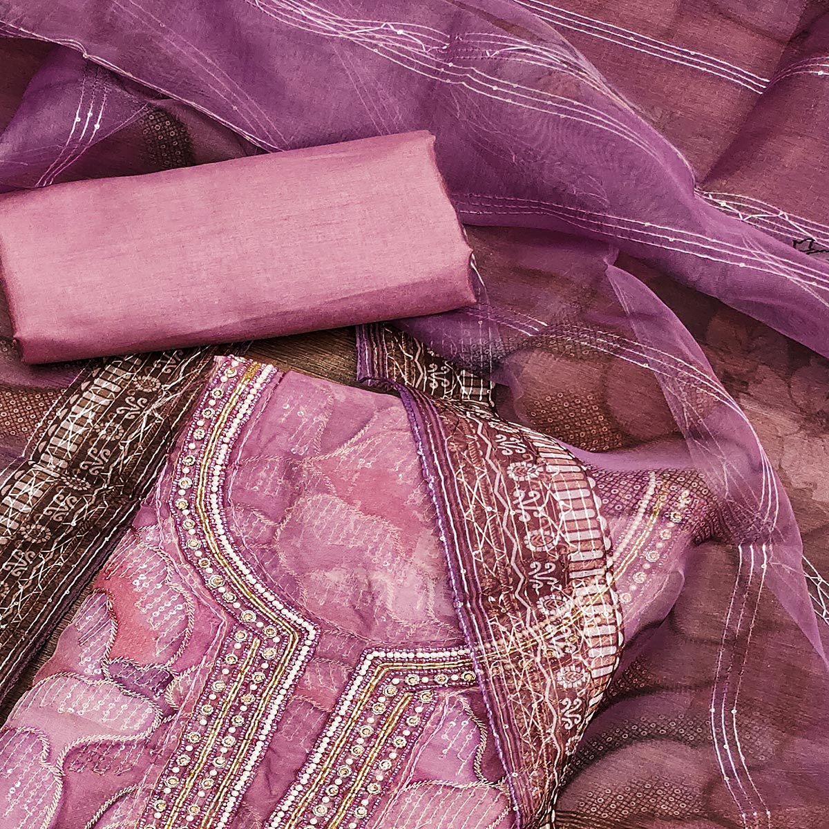 Purple Sequins Embroidered Organza Dress Material