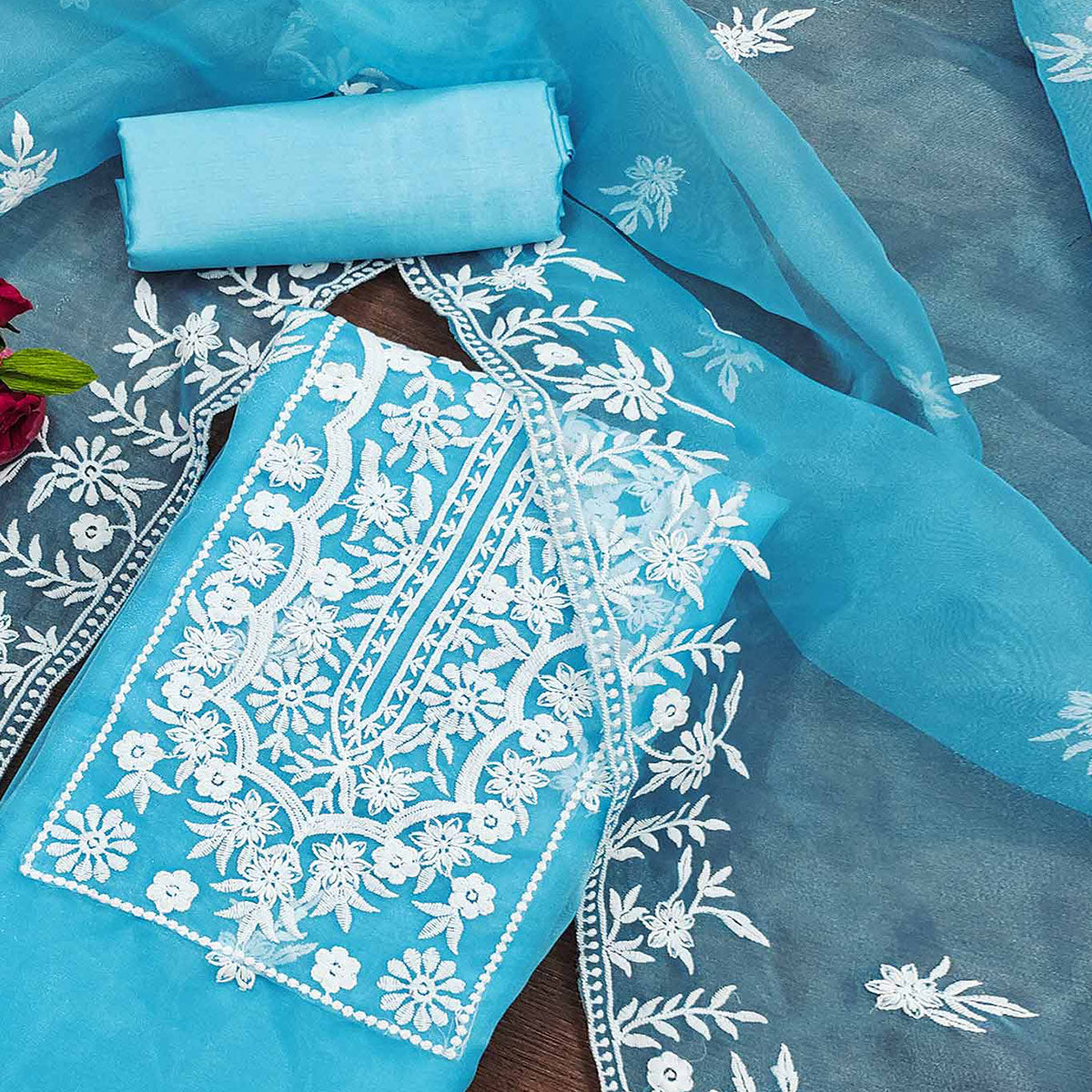 Blue Floral Embroidered Organza Dress Material