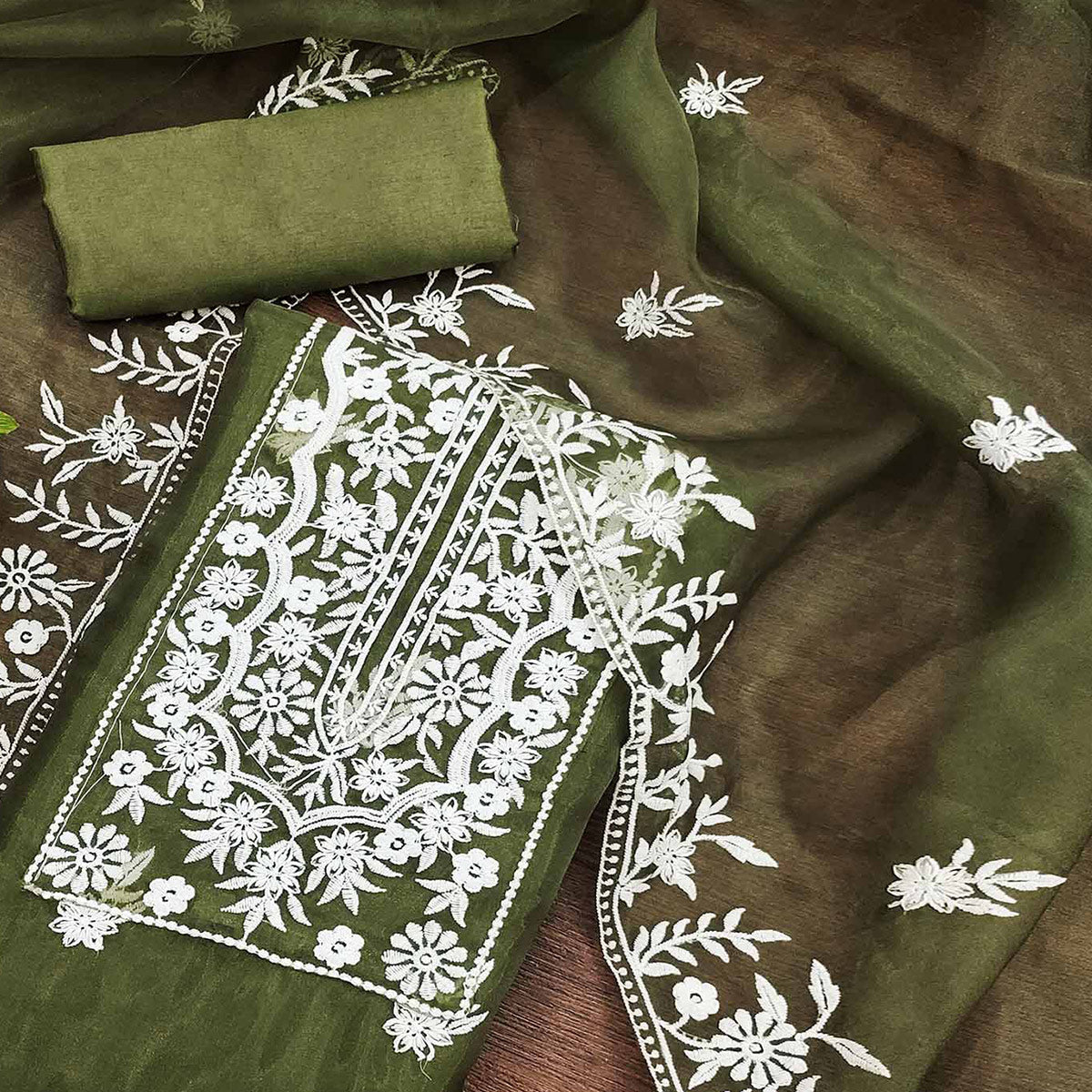 Green Floral Embroidered Organza Dress Material