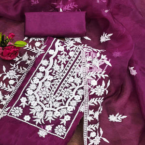 Purple Floral Embroidered Organza Dress Material