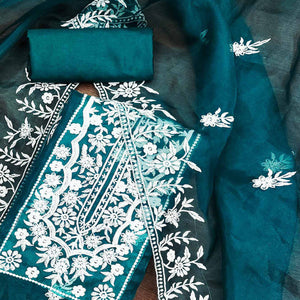 Teal Floral Embroidered Organza Dress Material