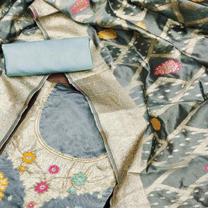 Grey Floral Woven Jacquard Dress Material