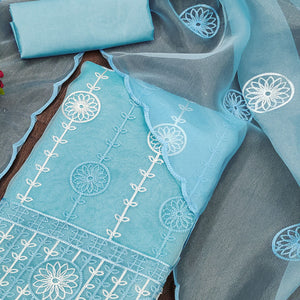 Blue Floral Embroidered Organza Dress Material