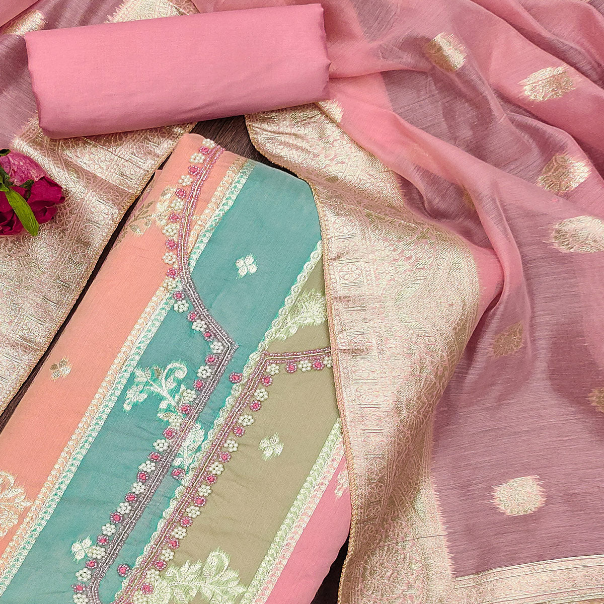 Pink Floral Woven With Hand Embroidered Jacquard Dress Material
