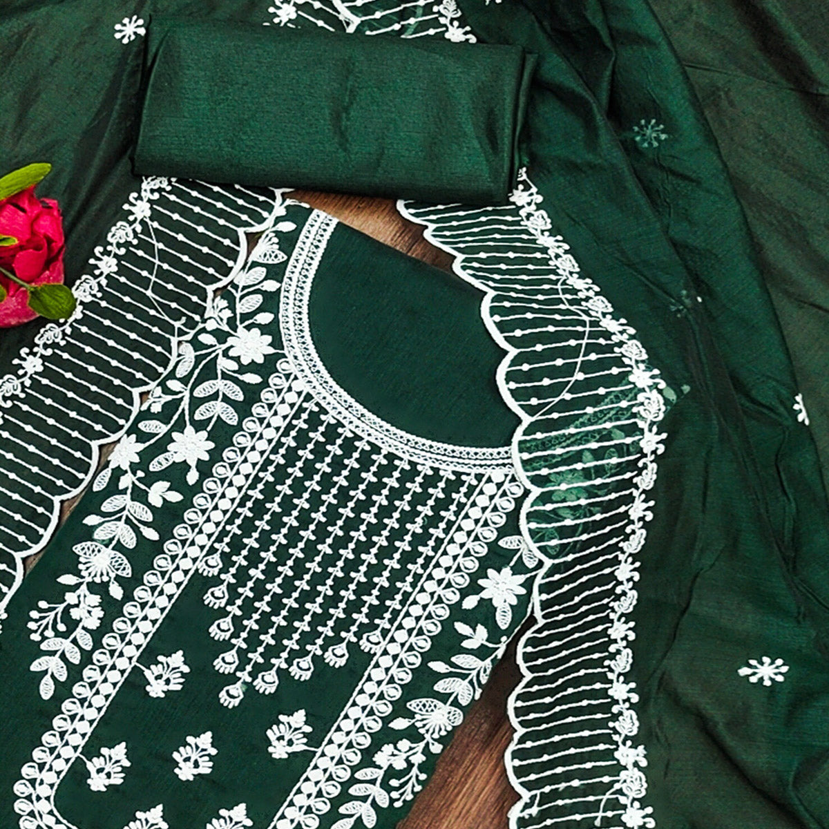 Green Floral Embroidered Chanderi Dress Material
