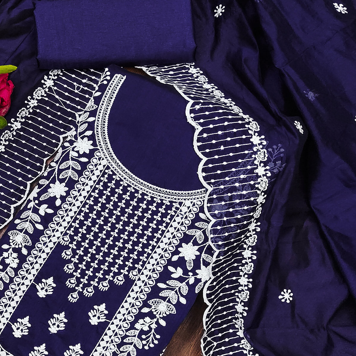 Navy Blue Floral Embroidered Cotton Dress Material