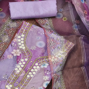 Lavender Floral Sequins Embroidered Organza Dress Material