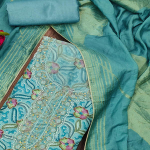 Blue Floral Sequins Embroidered Organza Dress Material