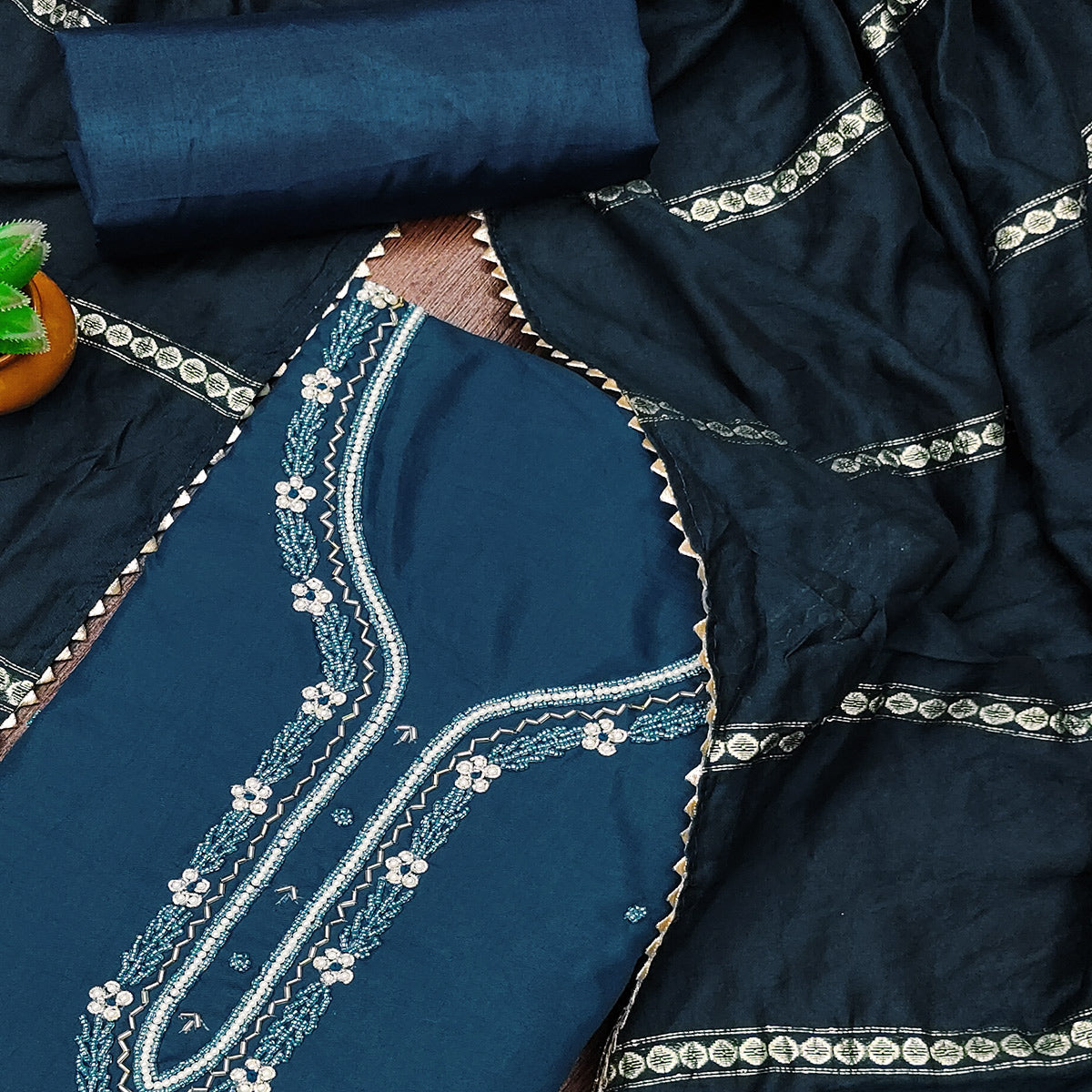 Blue Hand Embroidered Cotton Blend Dress Material