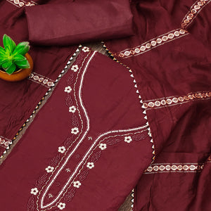Maroon Hand Embroidered Cotton Blend Dress Material